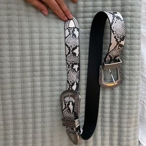Faux Leather Snake Print Double Buckle Silver Metal Belt